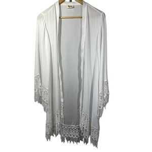 SHOW ME YOUR MUMU Women's Crochet Lace Fringe Trim Kimono White Size Medium